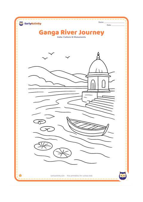 Colouring page: Draw a broad Ganga river flowing past stone ghats, with a small wooden boat, a riverside temple dome, steps and distant hills. Include a few birds and lotus leaves along the water, with…