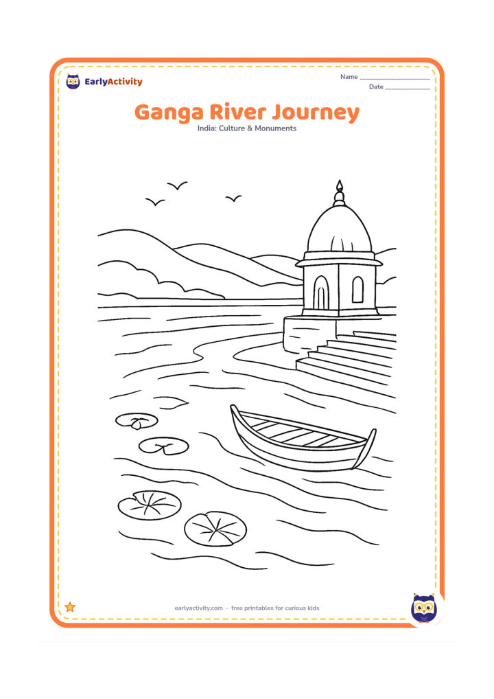 Colouring page: Draw a broad Ganga river flowing past stone ghats, with a small wooden boat, a riverside temple dome, steps and distant hills. Include a few birds and lotus leaves along the water, with…