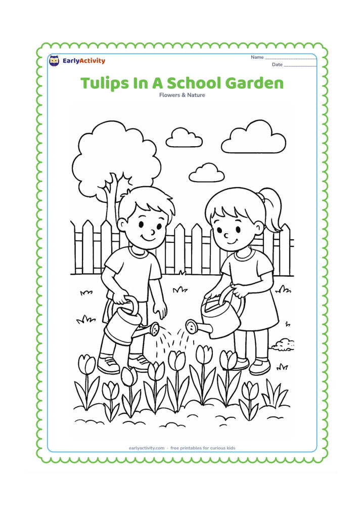 Colouring page: Draw two children watering a garden bed filled with tulips beside a simple school garden fence, with a tree, clouds and a small compost pile in the background. Include varied flower…