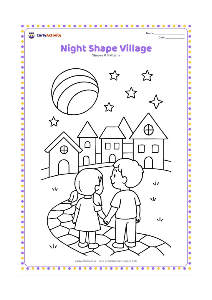 Colouring page: Draw two children looking at a quiet village at night, with houses formed from rectangles and triangles, circular window shapes, and a large moon made from repeated curved bands. Add a…