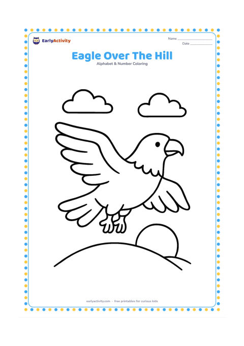 Colouring page: Draw a broad-winged eagle flying above one rounded hill with two clouds and a low sun behind it. Show the eagle from the side with its wings spread wide.