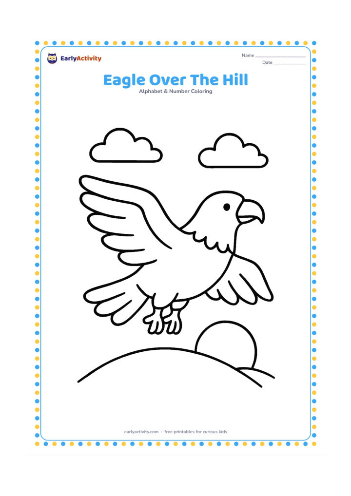 Colouring page: Draw a broad-winged eagle flying above one rounded hill with two clouds and a low sun behind it. Show the eagle from the side with its wings spread wide.