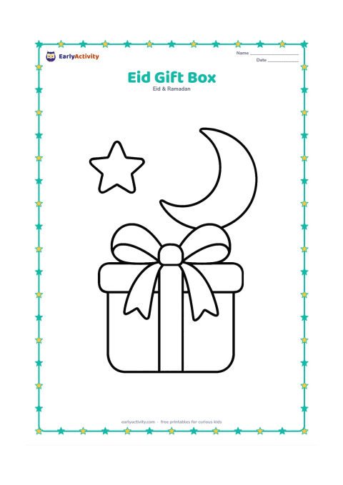 Colouring page: A child-sized gift box with a broad ribbon and bow sits beside a large crescent moon and one star. The box should be shown from the front with simple rounded edges.