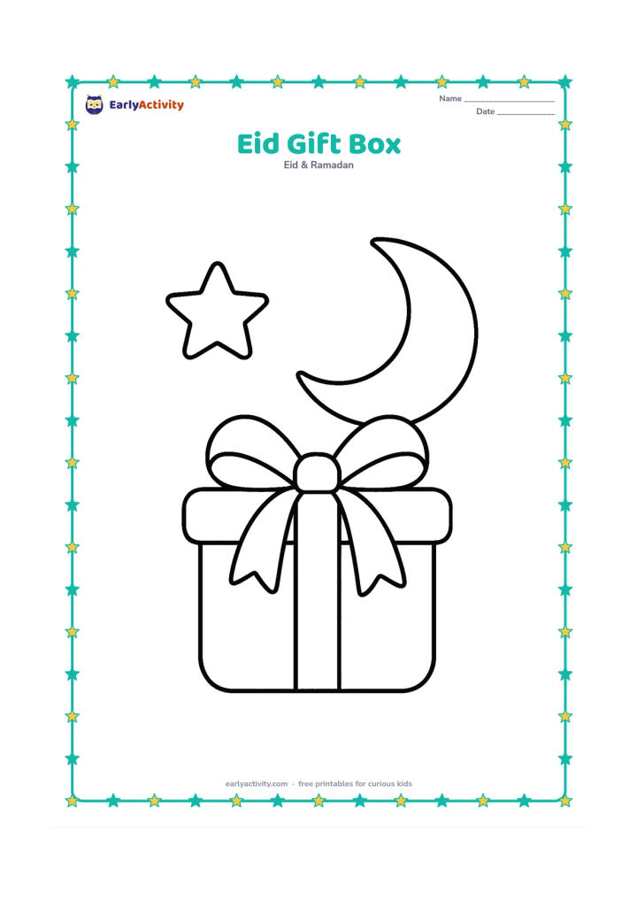 Colouring page: A child-sized gift box with a broad ribbon and bow sits beside a large crescent moon and one star. The box should be shown from the front with simple rounded edges.