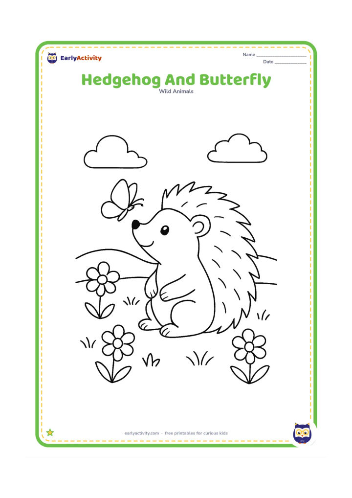 Colouring page: Draw a hedgehog sitting in a meadow while a butterfly hovers above its nose. Include several flowers, grass tufts and a gently curved hill.