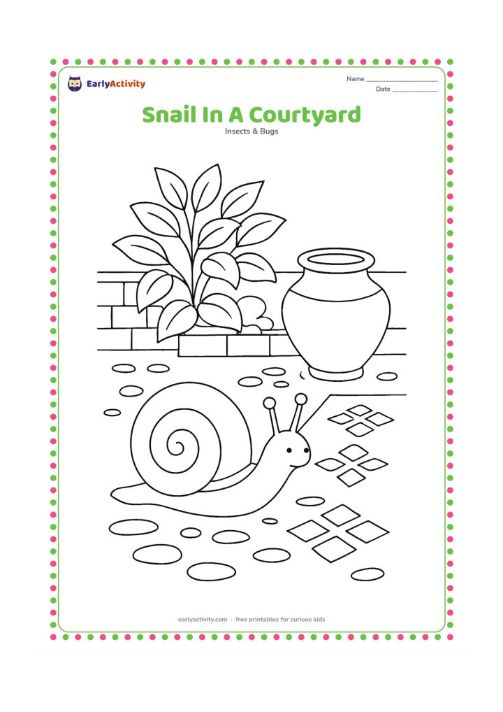 Colouring page: Draw a snail crossing an Indian courtyard garden near a clay pot, low wall, leafy plant, scattered rangoli-like geometric shapes without any letters or numbers, stones and damp patches.…