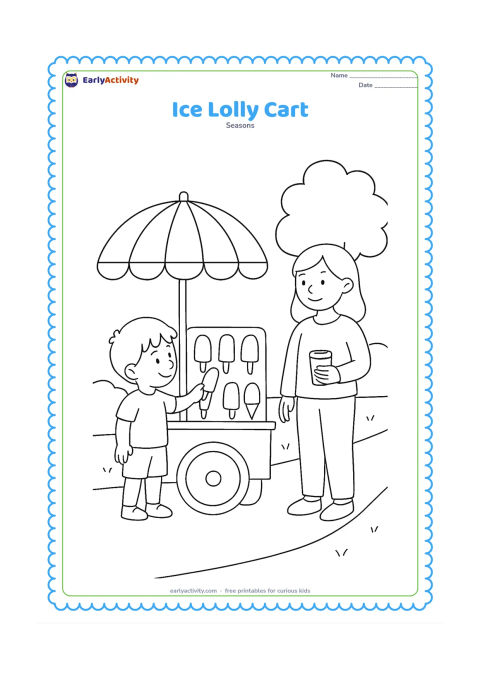Colouring page: A child chooses an ice lolly from a small push cart while a parent holds a reusable cup. Include an umbrella over the cart, a few displayed lollies, a tree and a shaded footpath, with no…