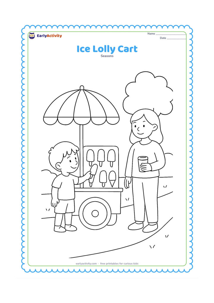 Colouring page: A child chooses an ice lolly from a small push cart while a parent holds a reusable cup. Include an umbrella over the cart, a few displayed lollies, a tree and a shaded footpath, with no…