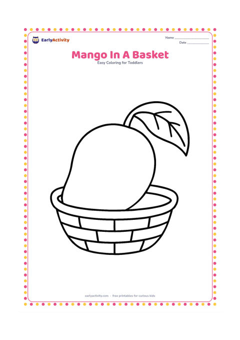 Colouring page: Draw one large mango resting in a low woven basket, with one broad mango leaf beside it. Show the basket from a front view with a clear open space inside the mango.