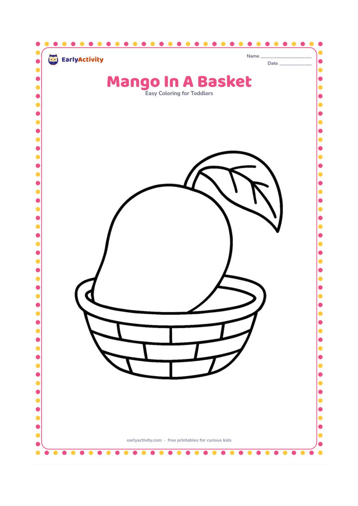 Colouring page: Draw one large mango resting in a low woven basket, with one broad mango leaf beside it. Show the basket from a front view with a clear open space inside the mango.