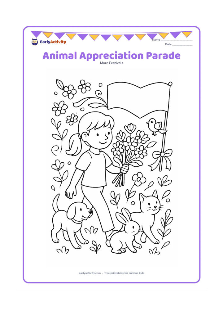 Colouring page: A child walks with a gentle dog, cat, rabbit, and bird in a cheerful garden parade, carrying a large bouquet and a blank heart banner with no writing, alongside flowers and ribbons.