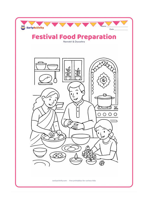 Colouring page: Draw a family preparing festive foods in an Indian kitchen, with one person washing fruit, one shaping a snack, and a child arranging flowers beside a diya. Include a stove, utensils,…