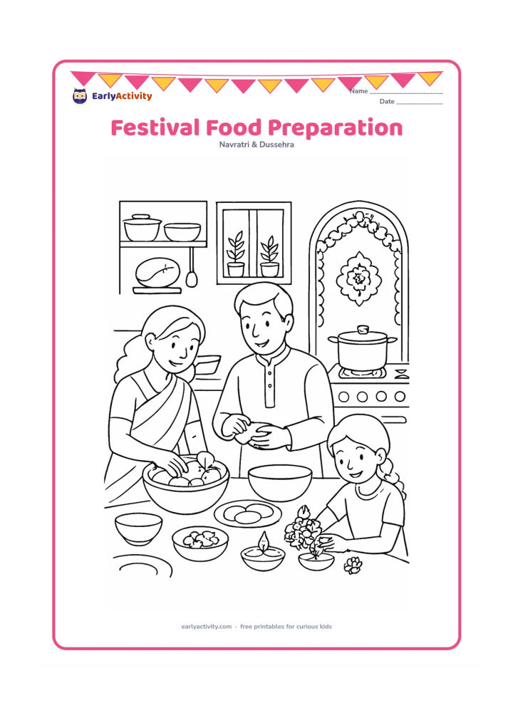 Colouring page: Draw a family preparing festive foods in an Indian kitchen, with one person washing fruit, one shaping a snack, and a child arranging flowers beside a diya. Include a stove, utensils,…