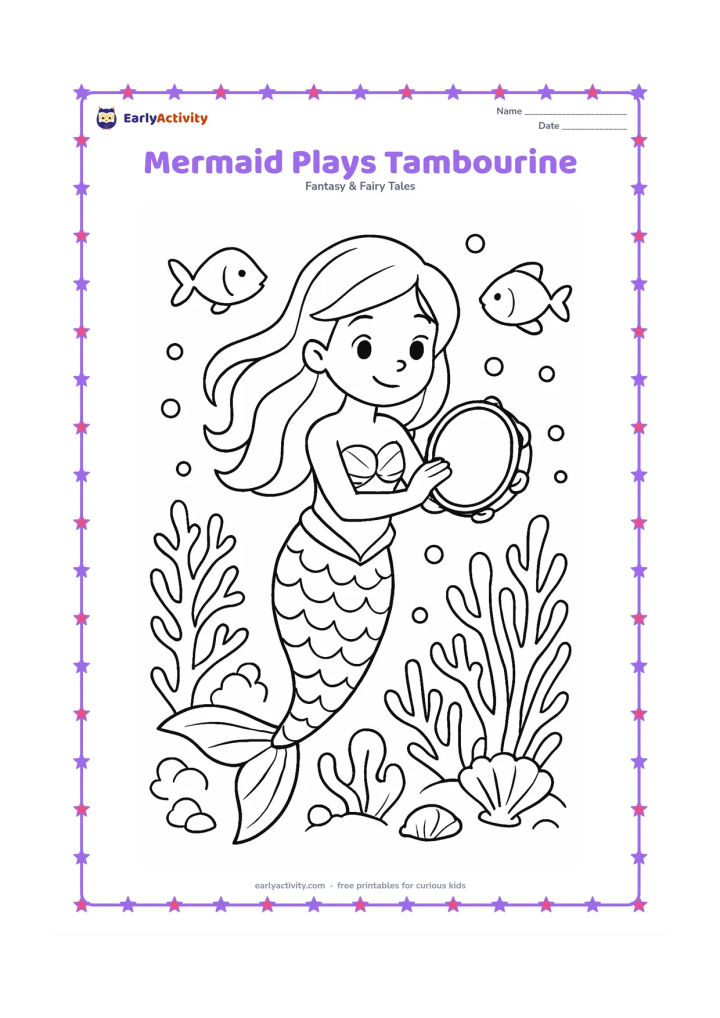 Colouring page: A mermaid plays a round tambourine while floating beside a coral garden. Include several fish, sea fans, shells and bubbles arranged around her without crowding her face or hands.