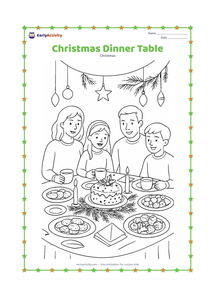 Colouring page: Draw a family gathered around a richly set Christmas dinner table with fruit cake, biscuits, vegetables, warm drinks, candles, evergreen branches and hanging decorations.