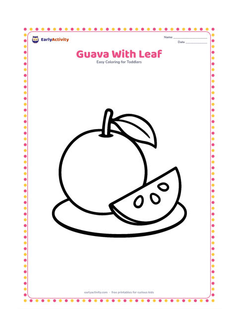 Colouring page: Draw one large round guava with a single leaf and short stem, sitting on a simple low plate. Show a small cut section beside it with a few large seeds.