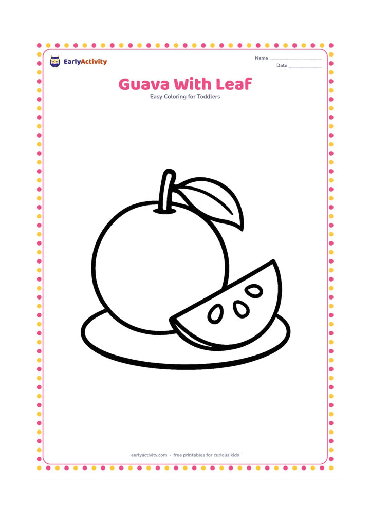 Colouring page: Draw one large round guava with a single leaf and short stem, sitting on a simple low plate. Show a small cut section beside it with a few large seeds.