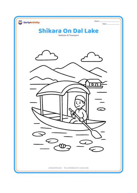 Colouring page: Draw an Indian shikara gliding across Dal Lake with a curved canopy and a person using a long oar. Add distant mountains, a few floating plants, and a small houseboat behind it.
