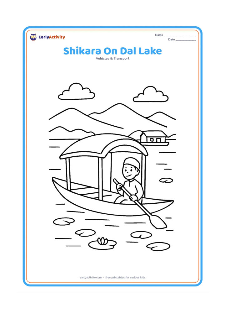 Colouring page: Draw an Indian shikara gliding across Dal Lake with a curved canopy and a person using a long oar. Add distant mountains, a few floating plants, and a small houseboat behind it.