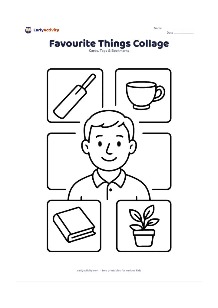 Worksheet: Draw a father in the middle surrounded by separate blank-edged panels containing a cricket bat, teacup, book, bicycle and plant. Leave the panels empty around each object for children to…