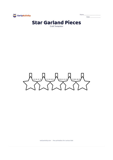 Worksheet: Arrange five medium star templates in a row, each with two small plain tabs at opposite upper edges for joining into a paper garland. Include light straight connector guides outside the…