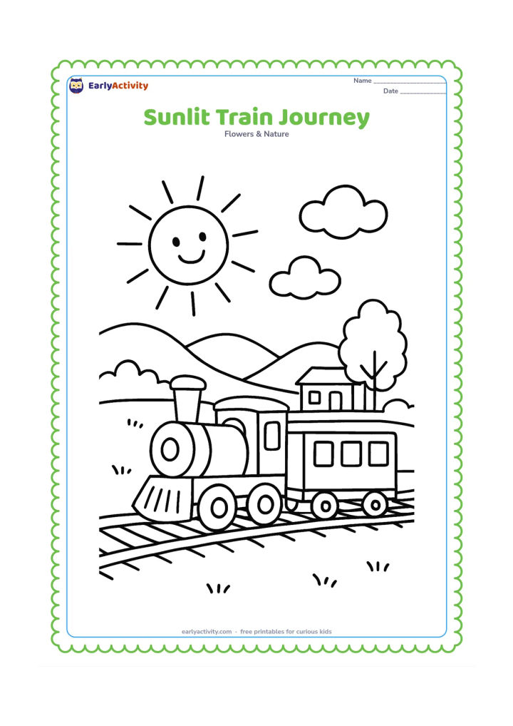 Colouring page: Draw a cheerful sun above a small passenger train travelling through countryside, with tracks, hills, trees, clouds and a distant station building. Do not place any signs or writing on…
