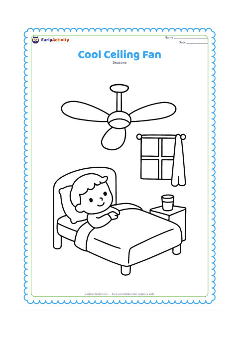 Colouring page: A child lies comfortably on a bed beneath a large three-blade ceiling fan, with a window, curtain and glass of water in the room.