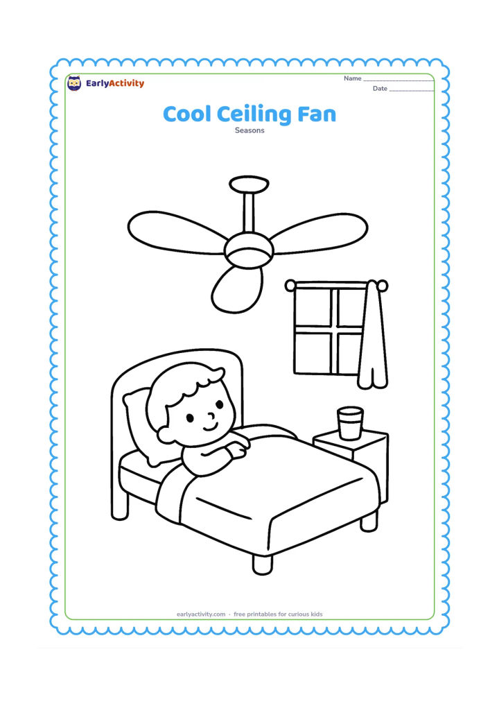 Colouring page: A child lies comfortably on a bed beneath a large three-blade ceiling fan, with a window, curtain and glass of water in the room.
