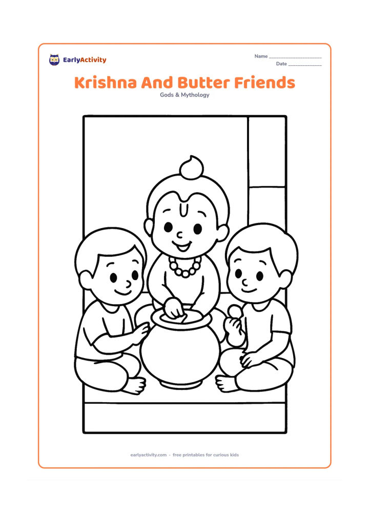 Colouring page: Baby Krishna sits with two young friends sharing butter from a large matki, with a plain village wall and floor mat behind them. Show the three children with cheerful, gentle expressions.