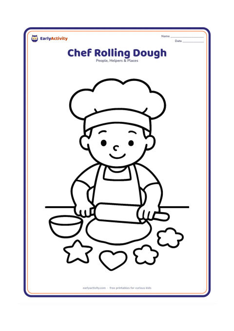 Colouring page: A child chef rolls a round piece of dough with a rolling pin on a kitchen table. Show a bowl, a few simple cookie shapes, and a large apron.