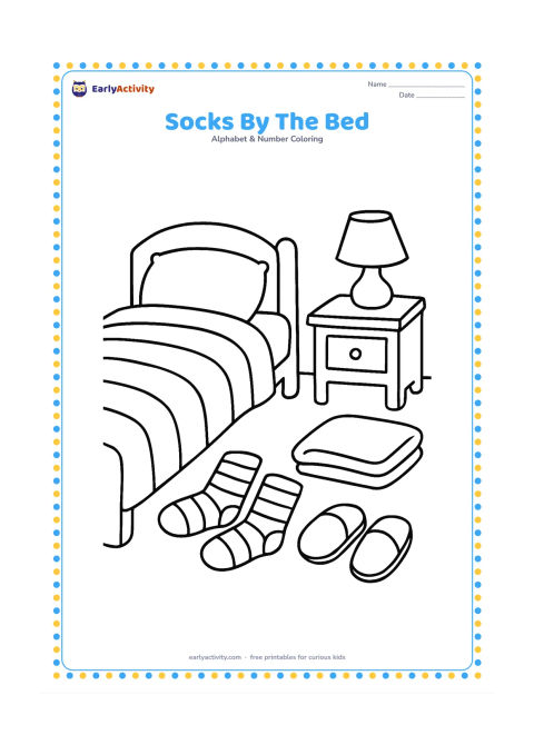Colouring page: Two striped socks lie beside a child's bed, slippers, a small bedside table and a folded blanket. Use simple repeated stripes and a cosy bedroom setting, keeping the bedspread and table…