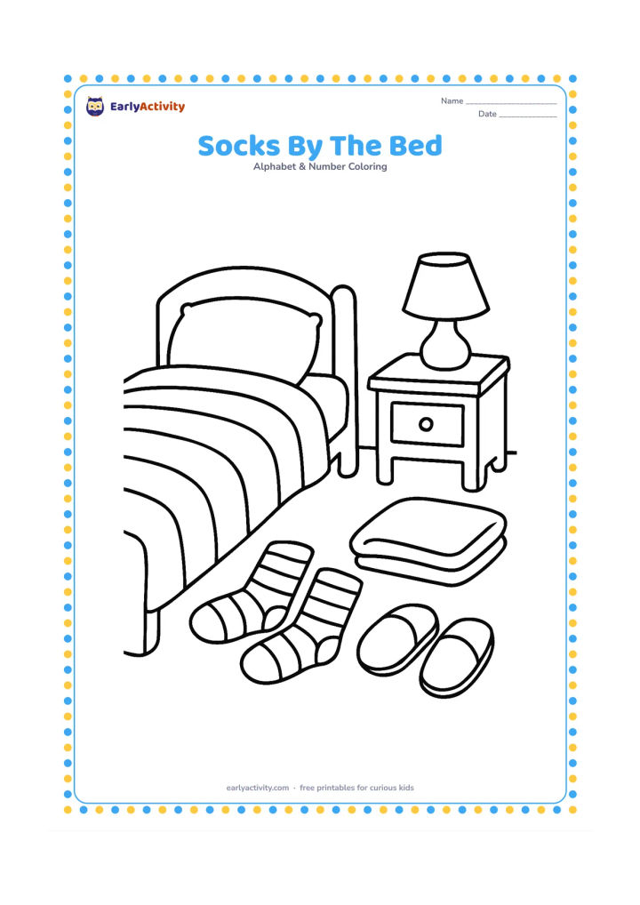 Colouring page: Two striped socks lie beside a child's bed, slippers, a small bedside table and a folded blanket. Use simple repeated stripes and a cosy bedroom setting, keeping the bedspread and table…