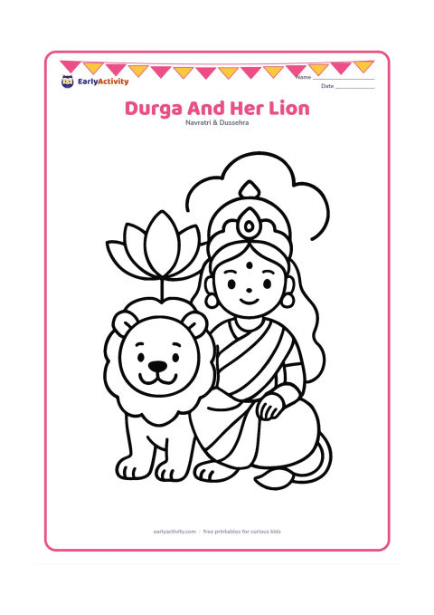Colouring page: Goddess Durga sits peacefully beside her friendly-looking lion, with one large lotus and a curved cloud shape behind them. Avoid battle details and keep both figures fully visible.