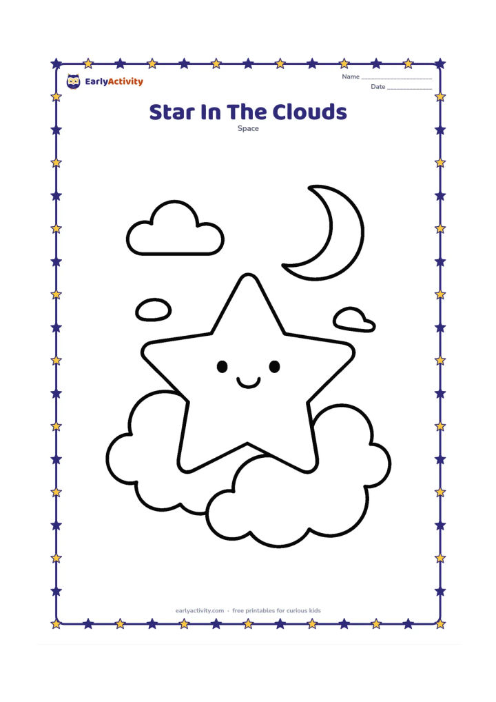 Colouring page: A big five-pointed star peeks out between two large fluffy clouds, with a small crescent Moon nearby and several open patches of sky.