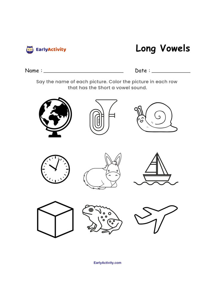 Worksheet with nine pictures in three rows, including a globe, snail, clock, donkey, sailboat, cube, frog and aeroplane.