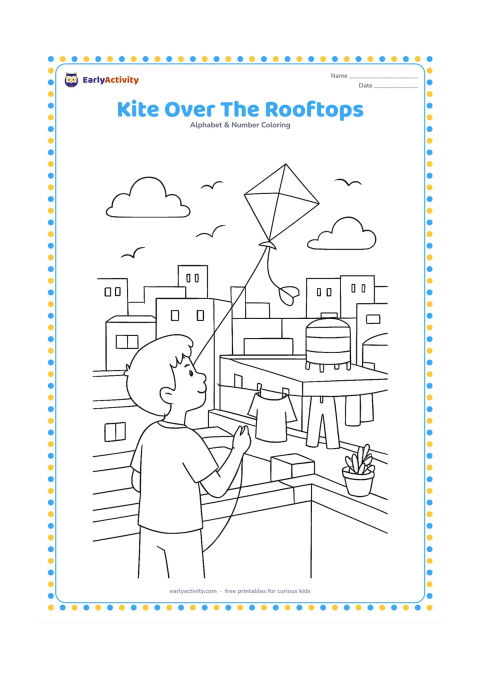 Colouring page: A child on an Indian rooftop guides a kite above neighbouring rooftops, water tanks and potted plants. Show laundry gently moving on a clothesline and birds in the distant sky.