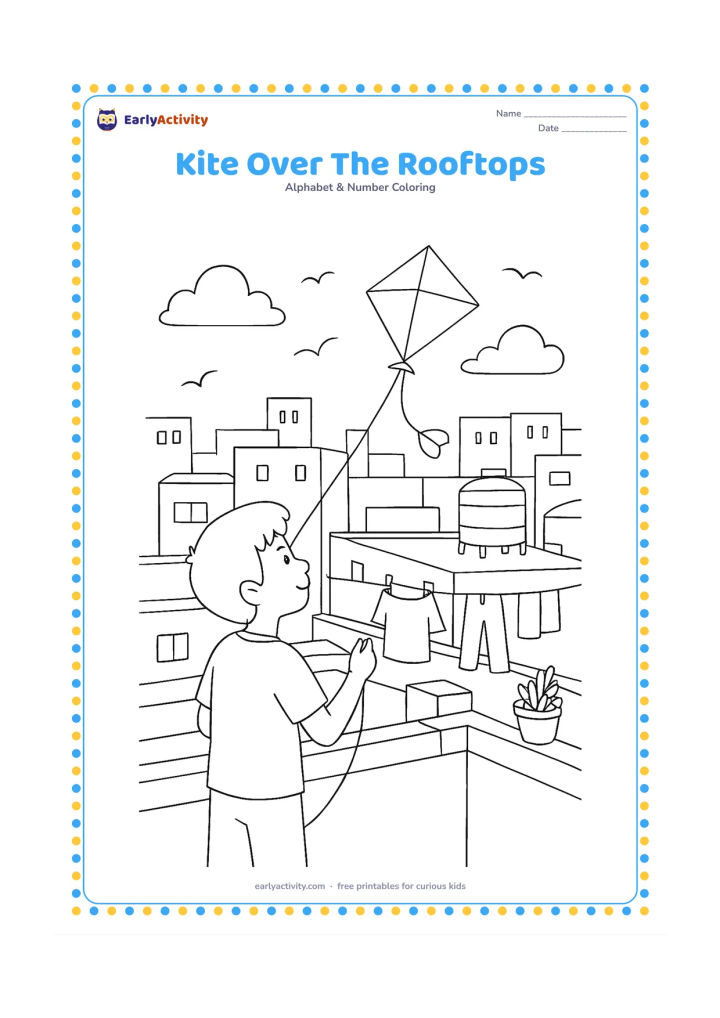 Colouring page: A child on an Indian rooftop guides a kite above neighbouring rooftops, water tanks and potted plants. Show laundry gently moving on a clothesline and birds in the distant sky.