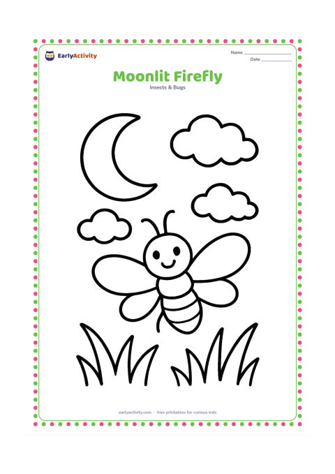 Colouring page: Draw one large firefly flying beneath a big crescent moon, with three puffy clouds and a few broad grass blades along the bottom.