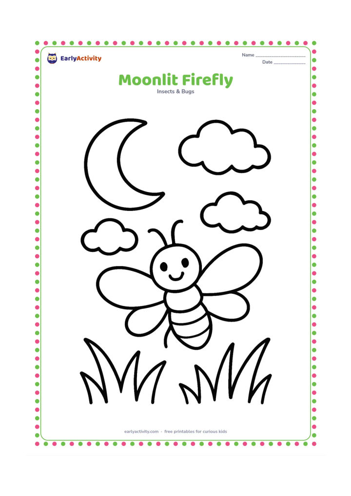 Colouring page: Draw one large firefly flying beneath a big crescent moon, with three puffy clouds and a few broad grass blades along the bottom.