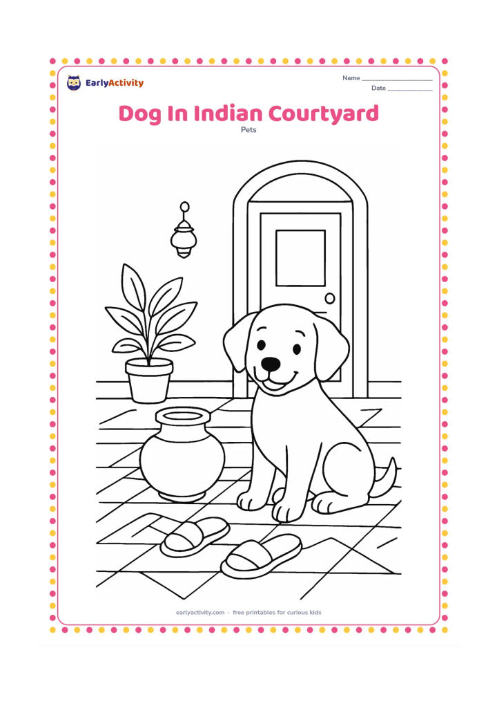 Colouring page: Draw a friendly dog sitting in an Indian home courtyard beside a clay water pot and a pair of simple sandals. Add a doorway, patterned floor tiles, a potted plant, and a small hanging…