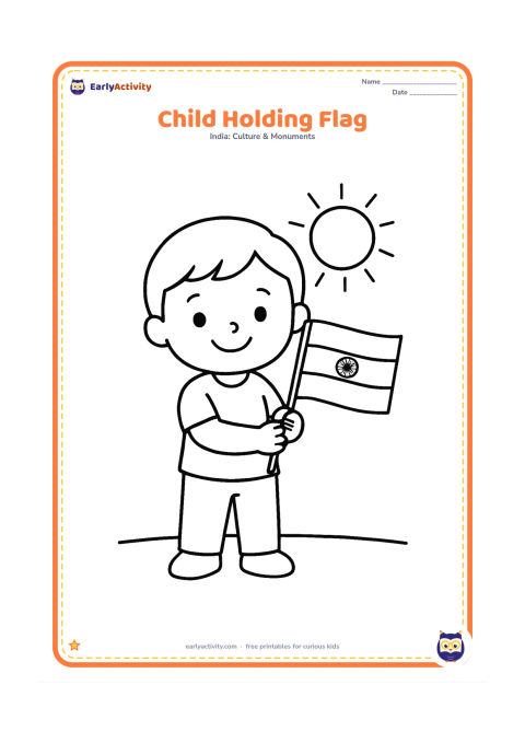 Colouring page: Draw a smiling young child standing and holding a small Indian flag upright in both hands. Include only a simple ground line and a sun behind the child.