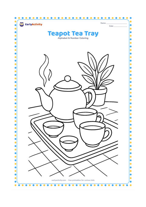 Colouring page: Draw a teapot, two cups, and a small bowl arranged on a serving tray, with steam rising from the pot. Place the tray on a patterned tablecloth with a potted plant in the background.