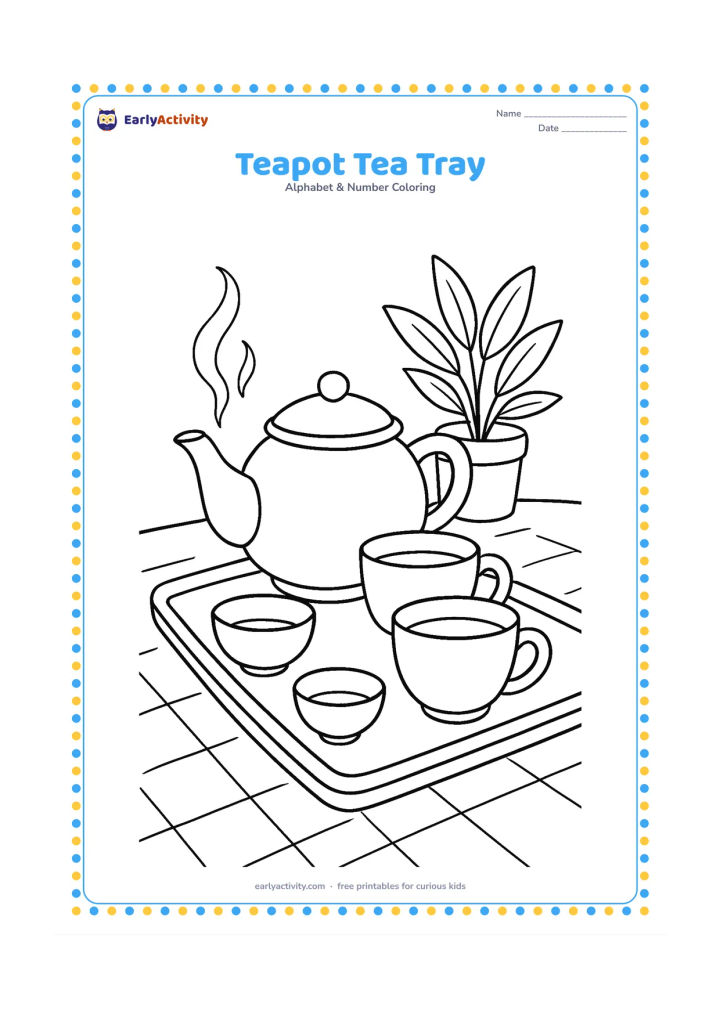 Colouring page: Draw a teapot, two cups, and a small bowl arranged on a serving tray, with steam rising from the pot. Place the tray on a patterned tablecloth with a potted plant in the background.
