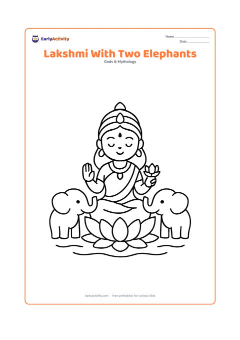 Colouring page: Draw Goddess Lakshmi seated on a lotus between two small friendly elephants, each facing inward with its trunk raised. Add a simple water line beneath them.