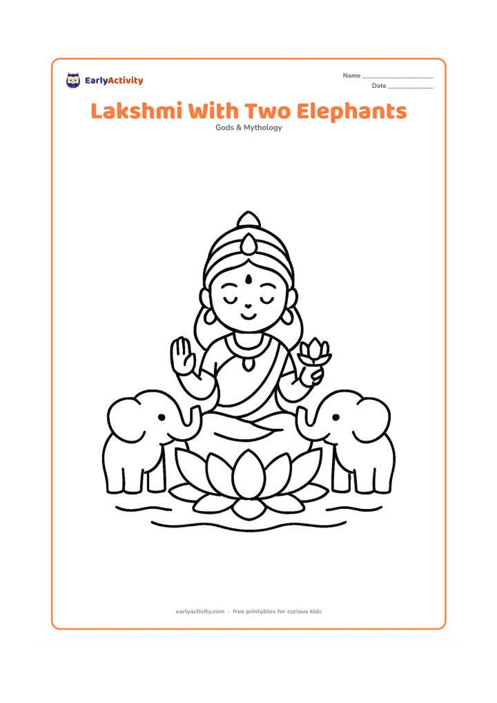 Colouring page: Draw Goddess Lakshmi seated on a lotus between two small friendly elephants, each facing inward with its trunk raised. Add a simple water line beneath them.