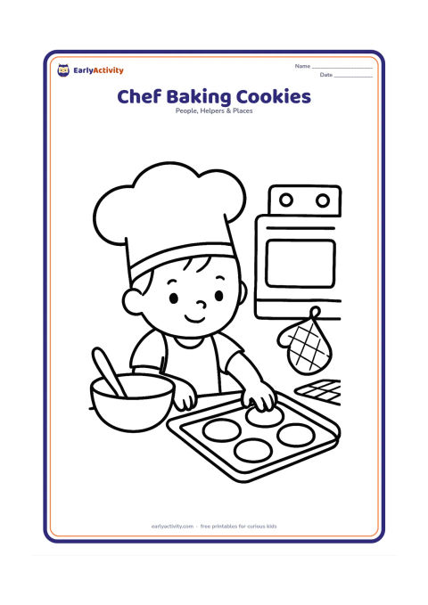 Colouring page: A child chef places large round cookies on a baking tray beside a mixing bowl. Show an oven with the door closed, an oven mitt, and a cooling rack in the background.