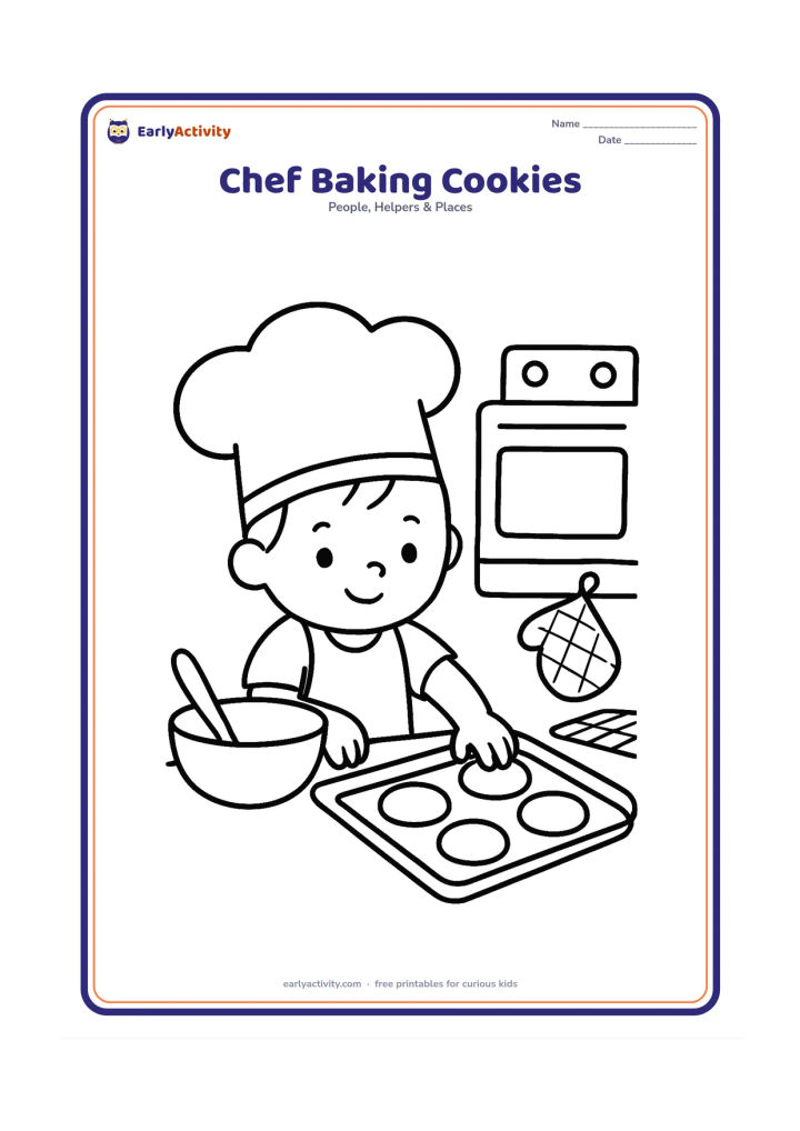 Colouring page: A child chef places large round cookies on a baking tray beside a mixing bowl. Show an oven with the door closed, an oven mitt, and a cooling rack in the background.