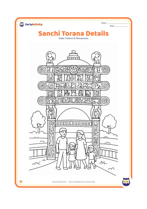 Colouring page: Show the front of a Sanchi Stupa torana with its stacked crossbeams, carved post shapes and elephant-topped supports, with the rounded stupa behind. A family walks along the stone…