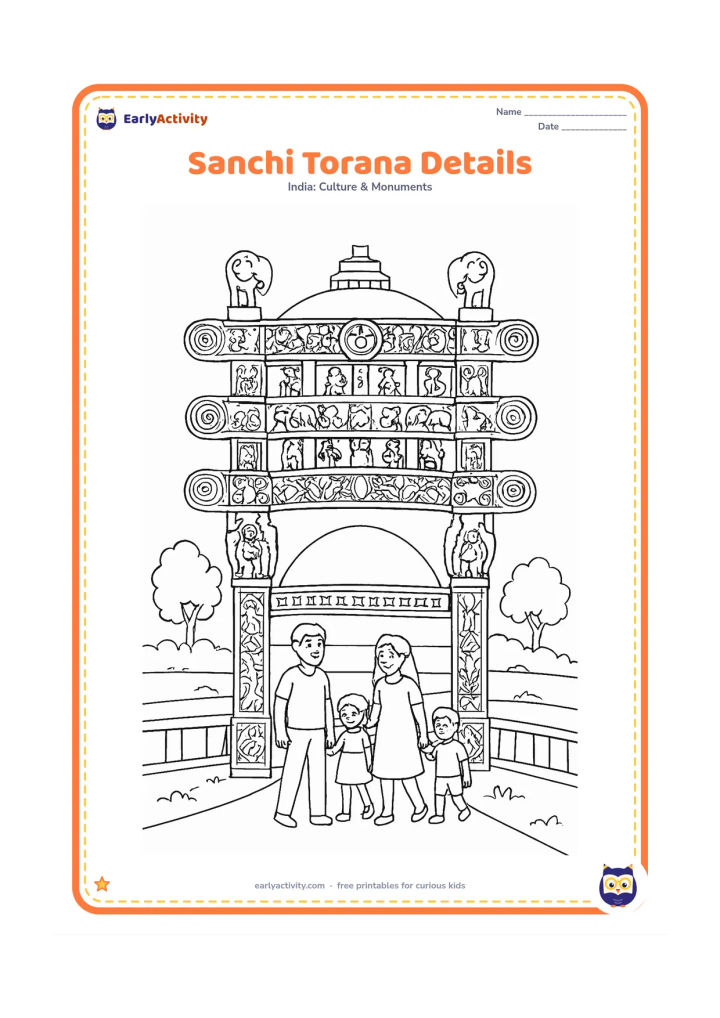Colouring page: Show the front of a Sanchi Stupa torana with its stacked crossbeams, carved post shapes and elephant-topped supports, with the rounded stupa behind. A family walks along the stone…