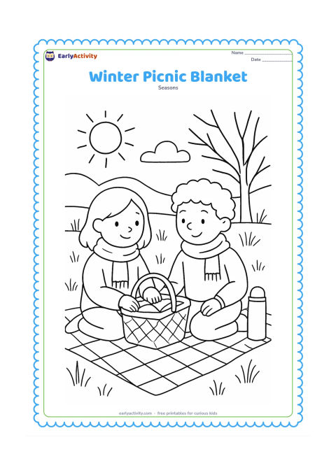 Colouring page: Two friends sit on a patterned blanket in a sunny winter meadow, sharing a basket and wearing sweaters and scarves. Add dry grasses, a bare tree, distant hills and a thermos without labels.
